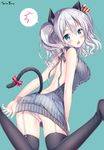  :o alternate_costume animal_ears aqua_background artist_name ass back backless_outfit bad_id bad_pixiv_id bangs bare_arms bare_back bare_shoulders black_legwear black_ribbon black_sweater blue_eyes blush bow breasts cat_ears cat_tail commentary_request eyebrows_visible_through_hair from_behind garter_straps hanahanamaki kantai_collection kashima_(kantai_collection) kemonomimi_mode kneeling large_breasts legs_apart looking_at_viewer looking_back meme_attire no_headwear open_mouth panties pantyshot pantyshot_(kneeling) red_bow ribbon short_hair short_twintails silver_hair simple_background sleeveless solo sousouman speech_bubble spoken_blush sweater tail tail_bow thighhighs twintails underwear virgin_killer_sweater wavy_hair white_panties 