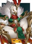  abs anthro armor avian azir_(lol) beak bird bulge clothed clothing feathers league_of_legends lying male mbvgfw muscular red_eyes simple_background solo video_games 