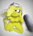  adventure_time almonds_(artist) armor blonde_hair breasts bronwyn canine cartoon_network feet female hair half-closed_eyes helmet kneeling mammal nipples simple_background skateboard 