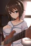  &gt;:( bass_guitar blurry blurry_background blush breast_rest breasts brown_eyes brown_hair buttons closed_mouth collarbone curtains depth_of_field frown girls_und_panzer guitar hand_on_own_chest highres holding holding_instrument indoors instant_(ioarthus) instrument large_breasts long_sleeves looking_at_viewer nishizumi_maho pajamas room serious short_hair solo sweater upper_body v-shaped_eyebrows window 