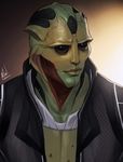  abstract_background alien animal_humanoid black_eyes black_sclera black_stripes clothed clothing drell humanoid male mass_effect merwild reptile reptile_humanoid scales scalie simple_background smile solo stripes thane_krios video_games 