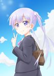  1girl bag blue_skirt business_suit dokka_no_kuni_no_kokuou dress_shirt formal hair_ornament long_hair looking_at_viewer neck_ribbon new_game! purple_eyes ribbon shirt silver_hair skirt skirt_suit smile solo suit suzukaze_aoba twintails v very_long_hair 