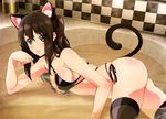  absurdres animal_ears artist_request ass bath bathroom bathtub bikini black_bikini blue_eyes brown_hair cat_ears cat_tail highres lips long_hair looking_at_viewer lying nyantype official_art on_side open_mouth partially_submerged paw_pose seiren side_ponytail skindentation smile solo swimsuit tail tile_wall tiles tsuneki_hikari water wet 