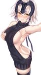 &gt;:) alternate_costume aran_sweater armpits ass backless_dress backless_outfit bangs bare_back black_legwear black_panties blue_ribbon blush braid breasts butt_crack closed_mouth commentary_request cowboy_shot dress eyebrows_visible_through_hair fate/grand_order fate_(series) from_side hair_between_eyes hair_ribbon halterneck hand_on_own_chest headpiece jeanne_d'arc_(alter)_(fate) jeanne_d'arc_(fate)_(all) large_breasts long_hair looking_at_viewer looking_to_the_side meme_attire panties parted_lips reaching_out ribbed_sweater ribbon self_shot sideboob silver_hair simple_background single_braid smile solo sweater sweater_dress thighhighs tress_ribbon turtleneck turtleneck_sweater underwear untsue v-shaped_eyebrows virgin_killer_sweater white_background yellow_eyes 