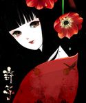  ayako_(manga) bangs black_background black_hair blunt_bangs brown_eyes character_name closed_mouth dripping eyelashes flower from_side japanese_clothes kimono light_smile long_hair looking_at_viewer mochikin_(jijijin) mole mole_on_neck pale_skin parted_lips red_flower red_kimono red_lips simple_background solo tenge_ayako upper_body water_drop 