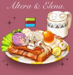  2girls ^_^ altera_(fate) altera_the_santa bacon bare_shoulders black_hat blush chaki_(teasets) chibi closed_eyes dark_skin detached_sleeves dress earmuffs egg eyes_closed fate/grand_order fate_(series) food hat helena_blavatsky_(fate/grand_order) mittens multiple_girls open_mouth purple_hair red_eyes sausage sheep short_hair smile strapless strapless_dress sunny_side_up_egg toast veil white_hair white_sleeves 