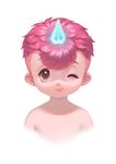  ;) absurdres eyelashes glowing_horn highres horn looking_at_viewer male_focus one_eye_closed personification pink_hair qian_(ovira) red_eyes shiny shiny_skin simple_background smile solo undercut unico unico_(character) white_background 