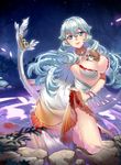  1girl artemis_(fate/grand_order) bare_shoulders bear between_breasts blue_eyes bracelet breasts dress fate/grand_order fate_(series) jewelry lips nail_polish open_mouth orion_(fate/grand_order) silver_hair smile suffocation very_long_hair water wet 