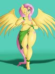  2017 anthro anthrofied areola breasts clothing equine female fluttershy_(mlp) friendship_is_magic hair hi_res long_hair looking_at_viewer mammal my_little_pony navel nipples one_eye_closed pegasus pink_hair pussy smile solo spread_wings suirano wings 