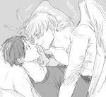  2boys angel bed black_eyes black_hair blush expressionless eye_contact eyebrows_visible_through_hair feathers finger_to_another&#039;s_mouth grey_background grey_shirt greyscale happy katsuki_yuuri long_sleeves looking_at_another lying male_focus monochrome multiple_boys pillow profile shirikawa shirt shirtless short_hair simple_background smile viktor_nikiforov wide-eyed wings yaoi yuri!!!_on_ice 