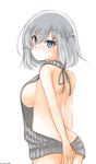  1girl alternate_costume backless_outfit bare_back bare_shoulders blue_eyes blush breasts eyes_visible_through_hair hair_ornament hair_over_one_eye hairclip hamakaze_(kantai_collection) highres kantai_collection large_breasts looking_at_viewer meme_attire naked_sweater short_hair sideboob silver_hair sleeveless solo sweater turtleneck virgin_killer_sweater 