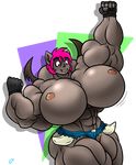  2017 abs anthro bat biceps big_breasts breasts clothed clothing fangs female fingerless_gloves flexing gloves huge_breasts hyper hyper_muscles mammal muscular muscular_female navel nipples shorts skimpy smile solo stx70 teeth topless wings 