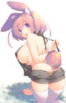  animal_ears areola_slip areolae ass bare_back bare_shoulders black_sweater breasts bunny_ears bunny_tail large_breasts looking_at_viewer looking_back meme_attire mutsuno_hekisa open_mouth original short_hair sideboob simple_background smile solo sweater tail thighhighs virgin_killer_sweater white_background white_legwear 