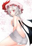  back backless_outfit bare_back bare_shoulders bat_wings breasts grey_sweater hat hat_ribbon light_smile looking_at_viewer meme_attire mob_cap panties red_eyes remilia_scarlet ribbon short_hair silver_hair small_breasts solo sweater touhou underwear utakata_(kochou_no_yume) virgin_killer_sweater white_panties wings 