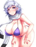 alternate_costume armpits bare_arms bare_legs bare_shoulders bikini blue_bikini blue_eyes blush breasts closed_mouth commentary_request covered_nipples cowboy_shot hanging_breasts hat highres huge_breasts leaning_forward letty_whiterock looking_at_viewer mob_cap scarf silver_hair solo swimsuit touhou wavy_mouth white_scarf zan_(harukahime) 