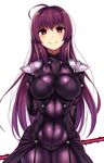  ahoge beeyan blush bodysuit breasts covered_navel fate/grand_order fate_(series) gae_bolg highres holding holding_weapon large_breasts long_hair looking_at_viewer pauldrons purple_eyes purple_hair scathach_(fate)_(all) scathach_(fate/grand_order) simple_background solo weapon white_background 
