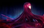  bodysuit closed_mouth dark fate/grand_order fate_(series) floating_hair flower foreshortening from_behind gae_bolg long_hair looking_back mallizmora outdoors polearm purple_bodysuit red_eyes red_flower red_hair scathach_(fate)_(all) scathach_(fate/grand_order) solo spear spider_lily very_long_hair weapon 