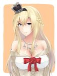  bare_shoulders blonde_hair blue_eyes braid breasts cleavage crown dress french_braid hairband jewelry kantai_collection large_breasts long_hair matsunaga_garana mini_crown necklace off-shoulder_dress off_shoulder smile solo upper_body warspite_(kantai_collection) white_dress 