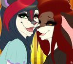  anthro canine clothed clothing duo feline female fur hair kriticalerror looking_at_viewer makeup mammal mascara open_mouth smile 