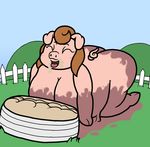  2017 anthro belly big_belly big_breasts blush breasts digital_media_(artwork) dirty farm feeding female food hair mammal mr.under mud nude open_mouth outside overweight pig porcine smile solo weight_gain 