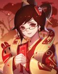  alternate_costume angpao brown_eyes brown_hair chinese_clothes dress earrings glasses hair_bun hair_ornament hair_stick holding jewelry long_sleeves looking_at_viewer luna_mei mei_(overwatch) nail_polish outdoors overwatch parted_lips red_background red_dress red_nails robot short_hair smile snowball_(overwatch) solo songjikyo tree upper_body 