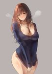  amane_ruri blue_sweater breasts brown_eyes brown_hair cleavage collarbone cowboy_shot glasses highres large_breasts long_hair looking_at_viewer messy_hair original sketch solo sweater 