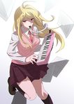  ahoge akamatsu_kaede bad_id bad_twitter_id beamed_eighth_notes beamed_sixteenth_notes blonde_hair chromatic_aberration danganronpa eighth_note gradient gradient_background hair_ornament hairclip instrument keyboard_(instrument) long_hair melodica music musical_note musical_note_hair_ornament necktie new_danganronpa_v3 okuragon paper pink_eyes playing_instrument pleated_skirt purple_skirt school_uniform sheet_music simple_background sixteenth_note skirt solo sweater_vest white_background 