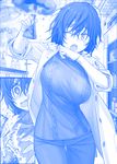  ;o acid animal_print aran_sweater beaker bear_print blue bra breasts character_request commentary dissolving_clothes getsuyoubi_no_tawawa gloves himura_kiseki kakyou-san_(tawawa) labcoat laboratory large_breasts messy_hair monochrome multiple_views one_eye_closed pen print_bra ribbed_sweater sleeveless sleeveless_turtleneck smoke sweater turtleneck turtleneck_sweater underwear wardrobe_error 