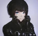  absurdres aoi_ogata artist_name bangs black_gloves black_hair black_jacket blunt_bangs closed_mouth eyelashes gloves hands_on_own_cheeks hands_on_own_face hands_up highres jacket lips long_sleeves looking_at_viewer original pink_lips shiny shiny_clothes short_hair solo upper_body 