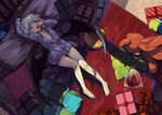  ball bare_legs barefoot bat_wings berabou box from_above gift gift_box indoors long_sleeves lying naked_shirt no_pants on_back red_eyes remilia_scarlet shirt short_hair silver_hair solo stuffed_animal stuffed_toy teddy_bear touhou wings 