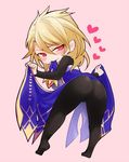  aglovale_(granblue_fantasy) ass black_legwear blonde_hair chibi dress dress_lift full_body granblue_fantasy heart heart-shaped_pupils long_hair looking_back male_focus naughty_face pantyhose pink_background pink_eyes simple_background siwomi solo symbol-shaped_pupils 
