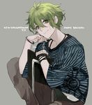  amami_rantarou bracelet chair chin_rest copyright_name danganronpa denim ear_piercing green_eyes green_hair grey_background hita_(hitapita) jeans jewelry lips looking_at_viewer male_focus necklace new_danganronpa_v3 pants piercing ring shirt signature simple_background sitting smile solo striped striped_shirt thumb_ring 