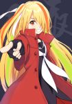  1girl blonde_hair coat fingerless_gloves gloves hair_over_one_eye hair_ribbon highres holding long_hair long_jacket long_sleeves multicolored_hair nikaido_saki nikaidou_saki open_mouth pointing ponytail red_eyes ribbon school_uniform seifuku serafuku side_ponytail solo streaked_hair very_long_hair youmu_(tomgoku2) zombie_land_saga zombieland_saga 