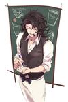  apron black_hair bow chalkboard closed_eyes from_above granblue_fantasy lancelot_(granblue_fantasy) male_focus marker mouth_hold siwomi sleeves_pushed_up smile solo waist_apron waistcoat waiter writing 