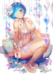  2017 alternate_costume arm_at_side arm_support artist_name babydoll bangs bare_shoulders beige_legwear blue_bow blue_eyes blue_hair blunt_bangs bow breasts cleavage closed_mouth collarbone commentary_request cream crystal dated detached_collar floral_print flower food frilled full_body hair_flower hair_ornament hair_over_one_eye hair_ribbon hairband head_tilt henry_davis highres ice_cream legs_together lolita_hairband looking_at_viewer medium_breasts parfait pillow pink_lips pocky purple_ribbon re:zero_kara_hajimeru_isekai_seikatsu rem_(re:zero) ribbon short_hair sitting sleeveless smile solo sundae thighhighs underwear wafer white_flower x_hair_ornament 