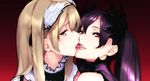  bangs biting biting_tongue blonde_hair close-up commentary_request gradient gradient_background hair_ornament kiss looking_at_viewer multiple_girls original profile purple_hair red_eyes sasaoka_gungu sweat teeth tongue twintails upper_body white_background yellow_eyes yuri 