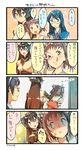  4koma anger_vein black_hair blue_eyes brown_hair comic commentary double_bun fingerless_gloves glasses gloves hairband hand_on_another's_head headgear highres kantai_collection long_hair looking_back multiple_girls nagato_(kantai_collection) naka_(kantai_collection) nonco ooyodo_(kantai_collection) puffy_sleeves red_eyes sailor_collar short_hair too_literal translated v_over_eye 