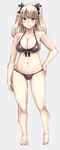  bare_legs barefoot bikini black_bikini blue_eyes bow breasts cleavage front-tie_bikini front-tie_top full_body grey_background hair_bow hand_on_hip large_breasts light_brown_hair long_hair michihasu mole_on_thigh navel original simple_background solo standing string_bikini swimsuit two_side_up 