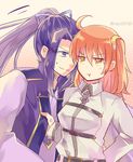  1boy 1girl assassin_(fate/stay_night) belt breasts fate/grand_order fate/stay_night fate_(series) fujimaru_ritsuka_(female) japanese_clothes long_hair orange_eyes orange_hair ponytail purple_eyes purple_hair ribbon short_hair side_ponytail wavy_mouth 