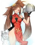  alternate_costume arm_strap bare_shoulders black_gloves breasts brown_eyes brown_hair china_dress chinese_clothes covered_navel dress gloves groin guilty_gear hair_ornament highres kenshin187 kuradoberi_jam long_hair medium_breasts pelvic_curtain serving_dome side_slit single_sleeve solo towel tray 