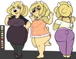  2017 anthro armpit_hair barefoot big_breasts big_butt black_nose blonde_hair blush bovine bra breasts butt cattle clothing dress eyewear female footwear glasses hair horn legwear looking_at_viewer lydia_hudson mammal model_sheet navel nipples one_leg_up open_mouth overweight panties pants purple_pants rear_view red_eyes shirt shoes short_tail side_view simple_background slightly_chubby smile solo sprocket_(artist) stockings translucent transparent_clothing underwear white_background wide_hips 