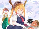  bag blonde_hair blush breasts commentary_request cooking dragon_girl dragon_tail dragon_tail_roast dragon_tail_steak dust_(394652411) fang food glasses gloves grocery_bag highres horns knife kobayashi-san_chi_no_maidragon kobayashi_(maidragon) large_breasts long_hair maid maid_headdress meat multiple_girls necktie opaque_glasses open_mouth ponytail pot red_hair shaded_face shopping_bag slit_pupils steam surprised tail tooru_(maidragon) turn_pale twintails white_gloves 
