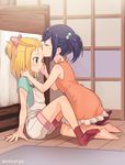  :o bangs_pinned_back barefoot bed bedroom bedside blonde_hair blue_hair blush bow closed_eyes commentary_request dress flip_flappers forehead_kiss from_side hair_bobbles hair_bow hair_ornament hair_ribbon indoors kiss kneeling kokomine_cocona multiple_girls niina_ryou no_shoes on_floor open_mouth orange_dress overalls profile purple_eyes ribbon room shirt short_hair short_twintails sidelocks sitting sleeveless sleeveless_dress socks t-shirt toe_scrunch twintails twitter_username yayaka younger yuri 