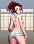  ass backless_outfit bare_back breasts brown_hair butt_crack cowboy_shot from_behind fuu genzoman hair_ornament hairpin looking_at_viewer looking_back medium_breasts meme_attire no_bra no_panties samurai_champloo sideboob smile solo turtleneck virgin_killer_sweater 