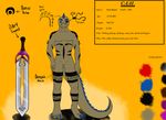  2017 3_toes anthro caal_(gabriel1393) dinosaur eye_patch eyewear gabriel1393 male mark melee_weapon model_sheet nude raptor scale scalie scar solo spine sword tattoo text theropod toes weapon 