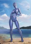  alien asari avian beach bird bloocarrot blue_eyes blue_nipples blue_skin breasts cloud eyewear female freckles hi_res humanoid liara_t&#039;soni lips mass_effect nipples nude rock sand seaside seductive sky solo suggestive sunglasses thick_thighs video_games water 