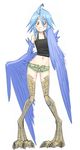  1girl ahoge armpits blue_hair blue_wings blush breasts cloud cover_image eyes_closed feathered_wings feathers grin happy harpy inui_takemaru legs monster_girl monster_musume_no_iru_nichijou official_art okayado papi_(monster_musume) short_shorts shorts small_breasts smile solo talons tank_top teeth wings 