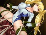  00s 1girl bare_legs black_lilith blonde_hair bondage breasts cohagen_nanaho creature curvy female game_cg hair_ornament hair_ribbon huge_breasts leotard long_hair monster nipples raikou_no_taimashi_nanaho_injin_fukkatsu ribbon shiny_skin spread_legs tentacle thong_leotard twintails zundarepon 