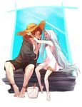  1girl adjusting_clothes adjusting_hat alternate_costume bare_shoulders barefoot blue_hair bridal_gauntlets brown_hair bucket dress granblue_fantasy hat hood hoodie long_hair lyria_(granblue_fantasy) scar shorts siegfried_(granblue_fantasy) sitting siwomi star straw_hat summer thigh_strap thighlet very_long_hair 