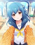  battle_girl_high_school blue_hair blush kunieda_shiho looking_at_viewer official_art scarf school_uniform solo yellow_eyes 